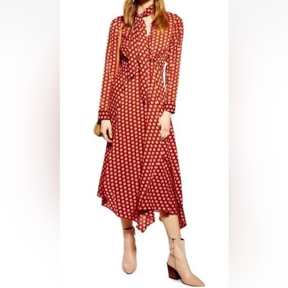 Topshop Horse Coin Print Long Sleeve‎ Midi Dress Coral Womens US 6 UK 10 EUC! - Picture 2 of 15